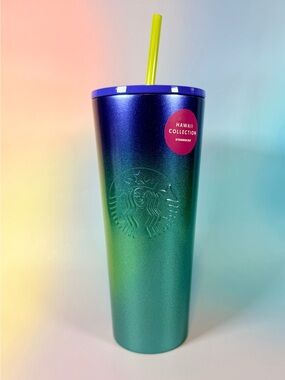 Starbucks Iridescent Blue-Green Tumbler with Purple Lid and Yellow Straw
